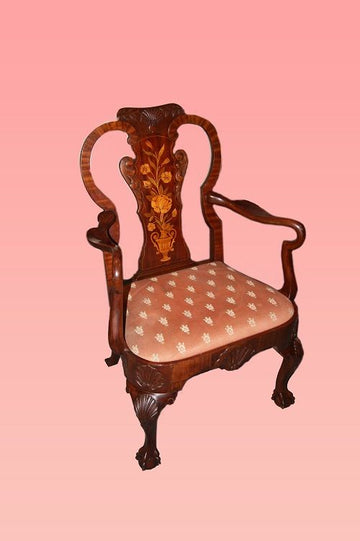 Groupe de 6 chaises hollandaises anciennes du 19ème siècle en acajou avec incrustations