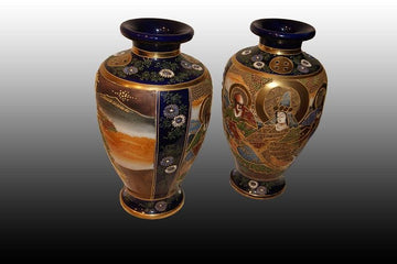 Pair of Japanese oriental porcelain vases Satsuma characters