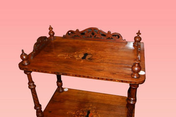 Ancient English etagere bookcase from the 1800s in walnut with 3-storey inlays