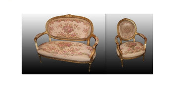 Séjour 6 pièces 4 fauteuils 1 canapé et 1 table basse dorée Louis XVI 1800