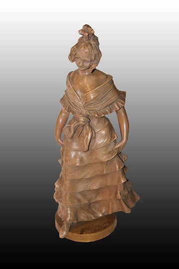 Sculpture ancienne Dame à l'élégante robe en terre cuite signée 1800