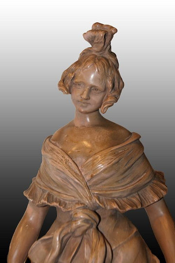 Sculpture ancienne Dame à l'élégante robe en terre cuite signée 1800