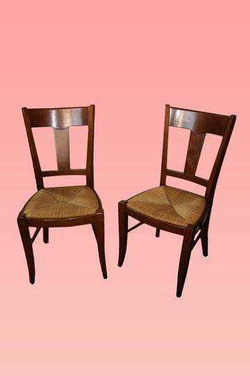 Groupe de 6 chaises rustiques anciennes avec assises en paille de noyer