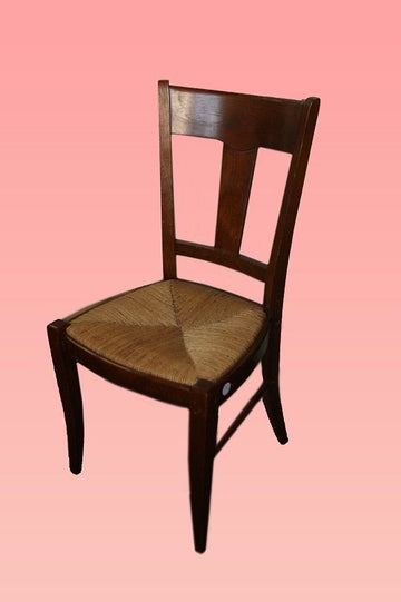 Groupe de 6 chaises rustiques anciennes avec assises en paille de noyer