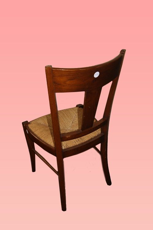 Gruppo di 6 sedie rustiche antiche con seduta impagliata in noce