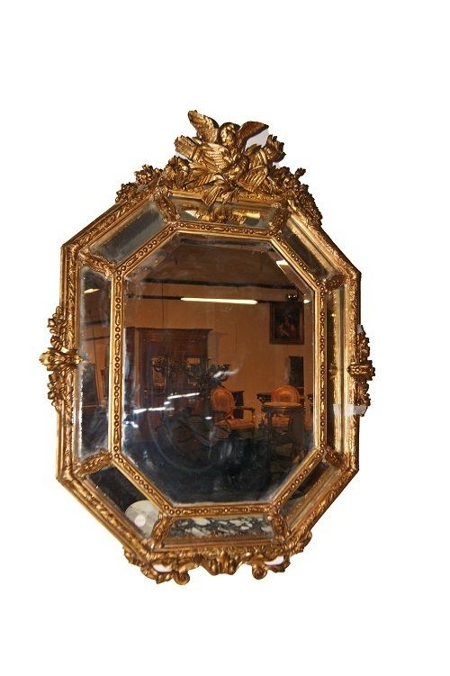 Antica specchiera ottagonale Luigi XV dorata del 1800 francese uccelli