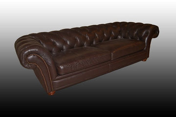 Antico divano Chesterfield inglese del 1950 4 posti in pelle grigia 