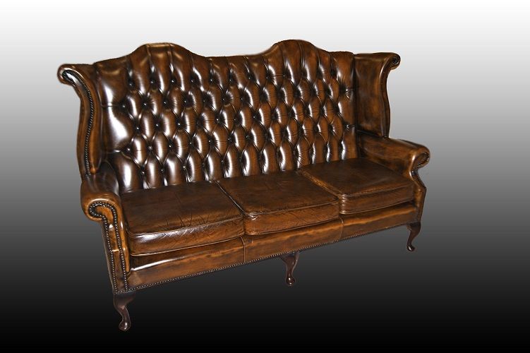 Antico divano Chesterfield del 1950 con orecchie 3 posti pelle verde