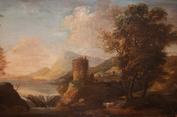 Antique oil on canvas Italian landscape from 1700 with characters