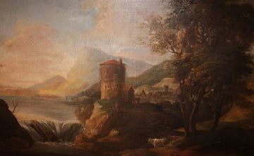 Huile sur toile du paysage italien des années 1700 montagnes et personnages