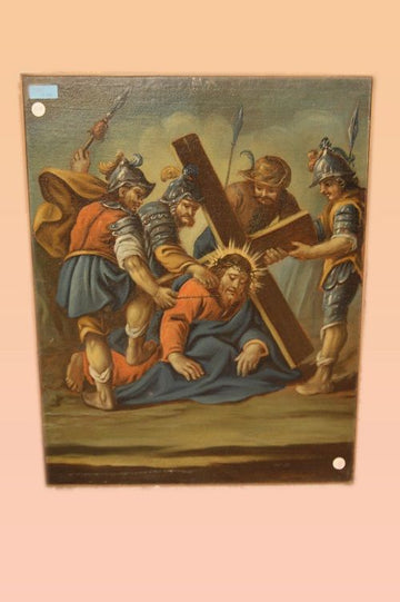 Olio su tela "Gesù è caricato della Croce"