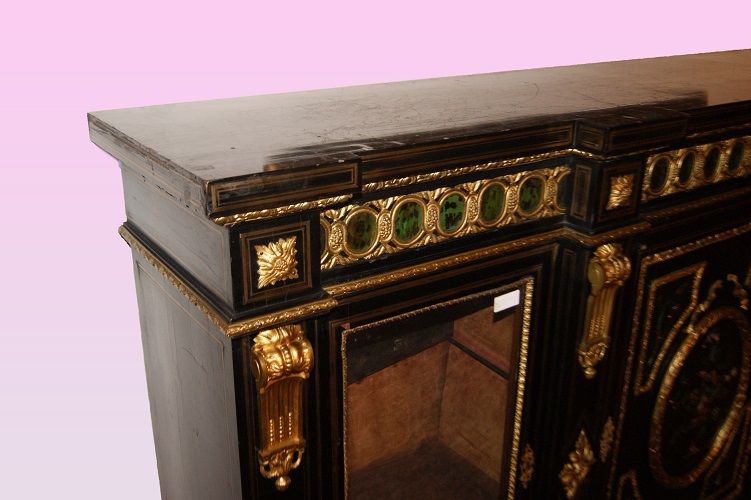 Antica credenza servante Boulle del 1800 ebanizzato con bronzi e pietre