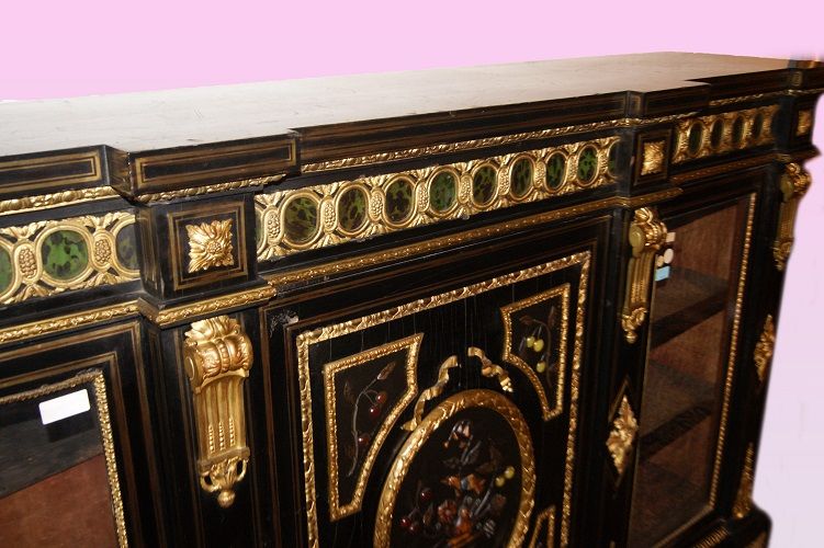Antica credenza servante Boulle del 1800 ebanizzato con bronzi e pietre