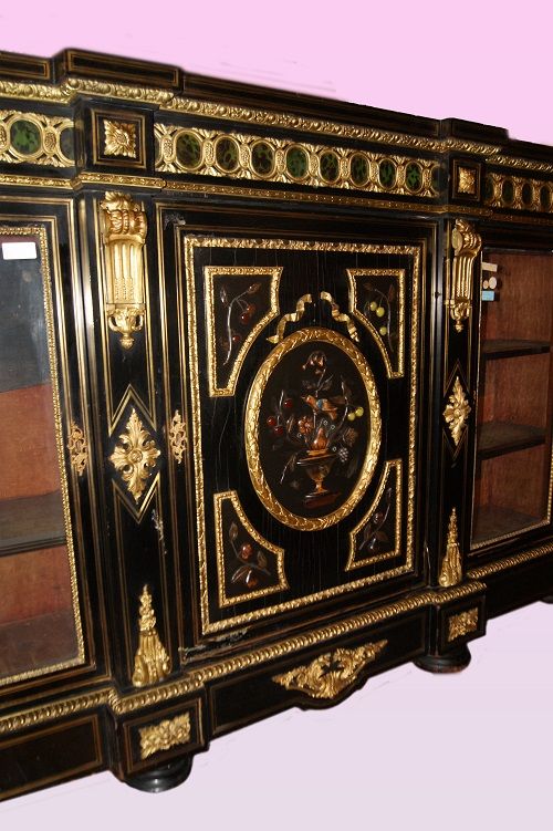 Antica credenza servante Boulle del 1800 ebanizzato con bronzi e pietre