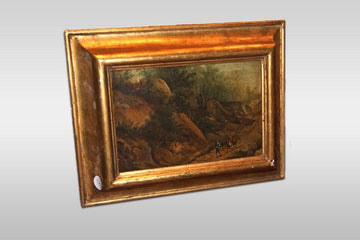 Huile sur toile des années 1700 représentant un paysage avec des personnages