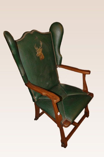 Antique 19th century English hunting lodge armchair in leather with deer