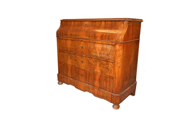 Antico cassettone Luigi Filippo del 1800 con ribalta in noce