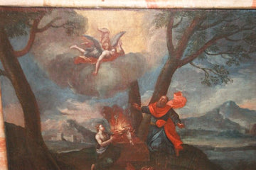 Huile sur toile italienne de 1700 représentant une scène biblique venue d'un ange