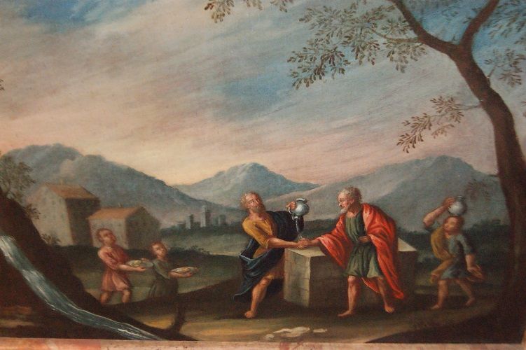 Antico dipinto italiano del 1700 scena biblica con personaggi 