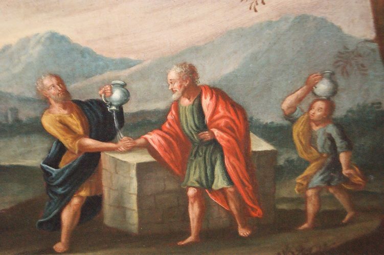 Antico dipinto italiano del 1700 scena biblica con personaggi 