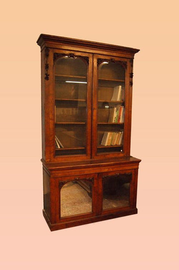 Stupenda libreria antica inglese del 1800 in legno di noce e radica