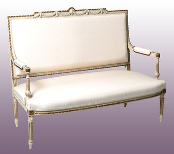 Antique French sofa in lacquered wood upholstered with Rubelli silk
