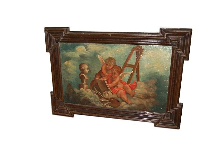 Huile antique sur toile 1600 Peinture italienne Anges Chérubins 