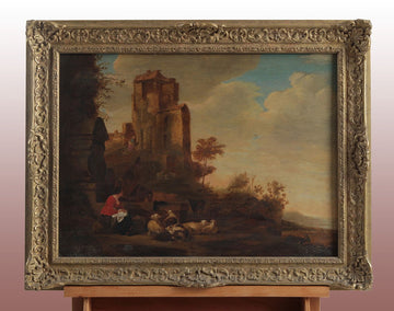 Antico olio su tavola del 1600 raffigurante paesaggio fiammingo 