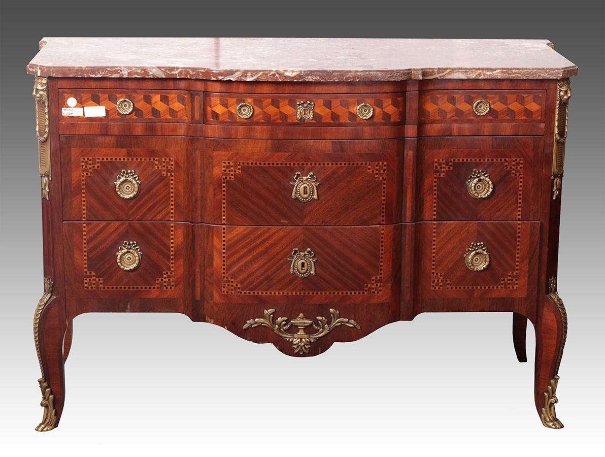 Antico commode comò del 1800 in mogano con piano in marmo e intarsi