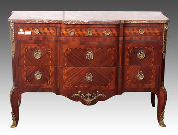 Antique chest of drawer from the 1800s in mahogany with marble top and inlays