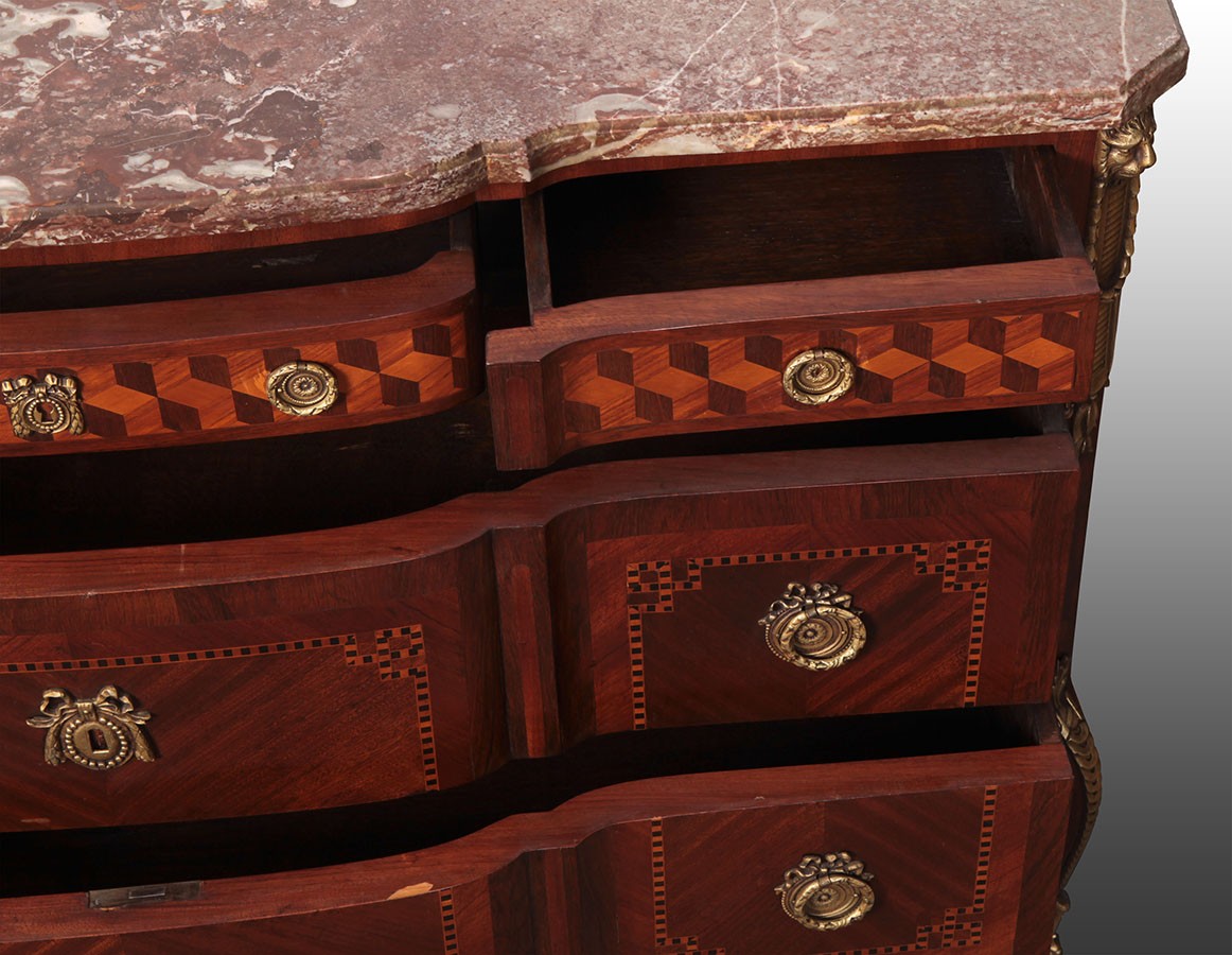 Antico commode comò del 1800 in mogano con piano in marmo e intarsi