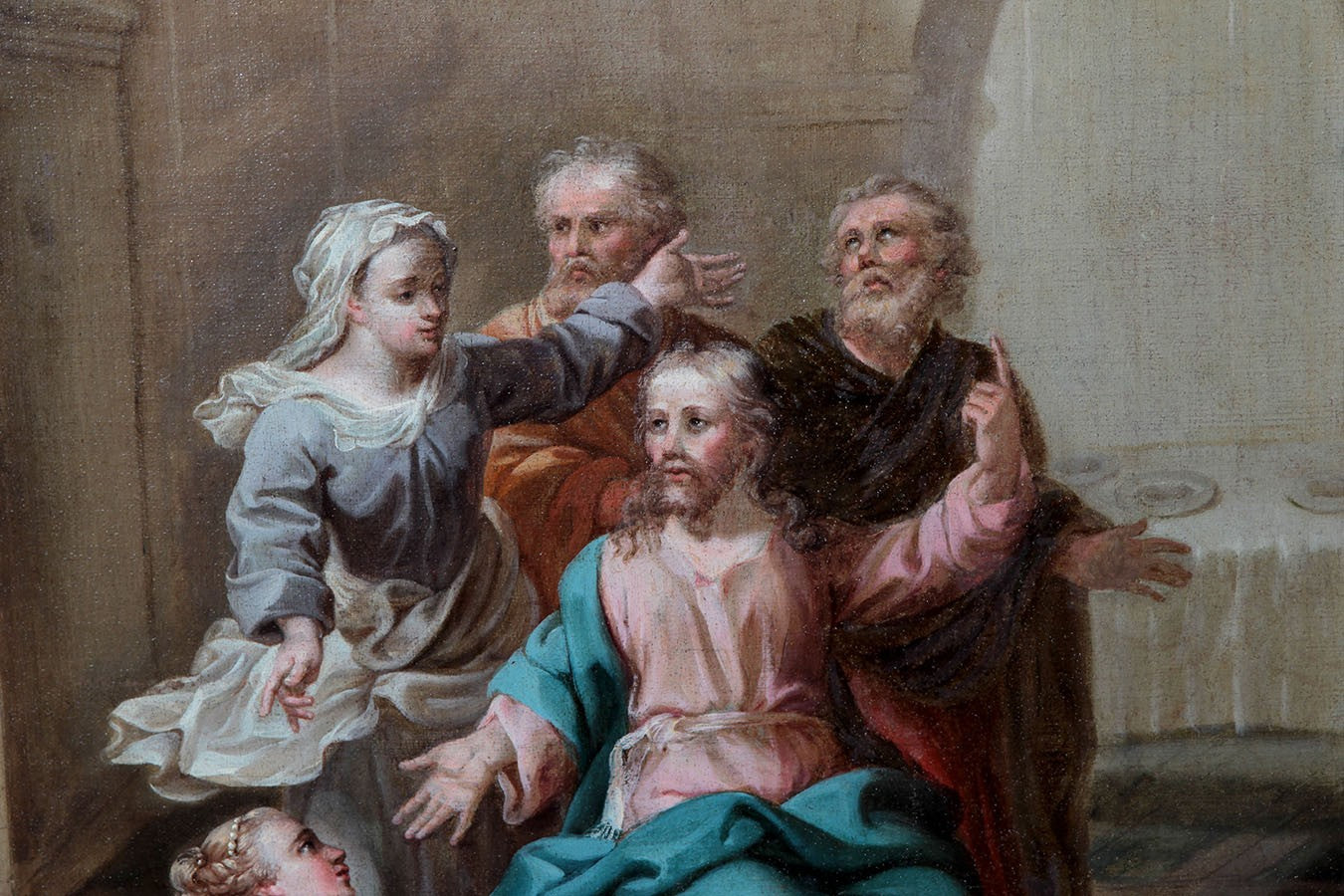 Antico olio su tela raffigurante soggetto sacro, Gesù tra le donne