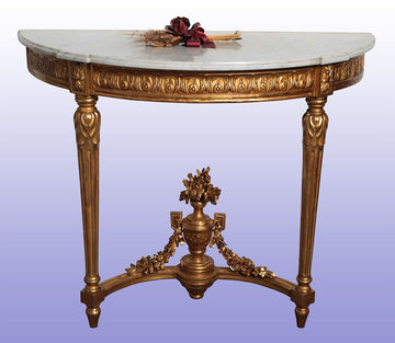 Antique French half-moon console table from the 1800s in gilded wood and marble