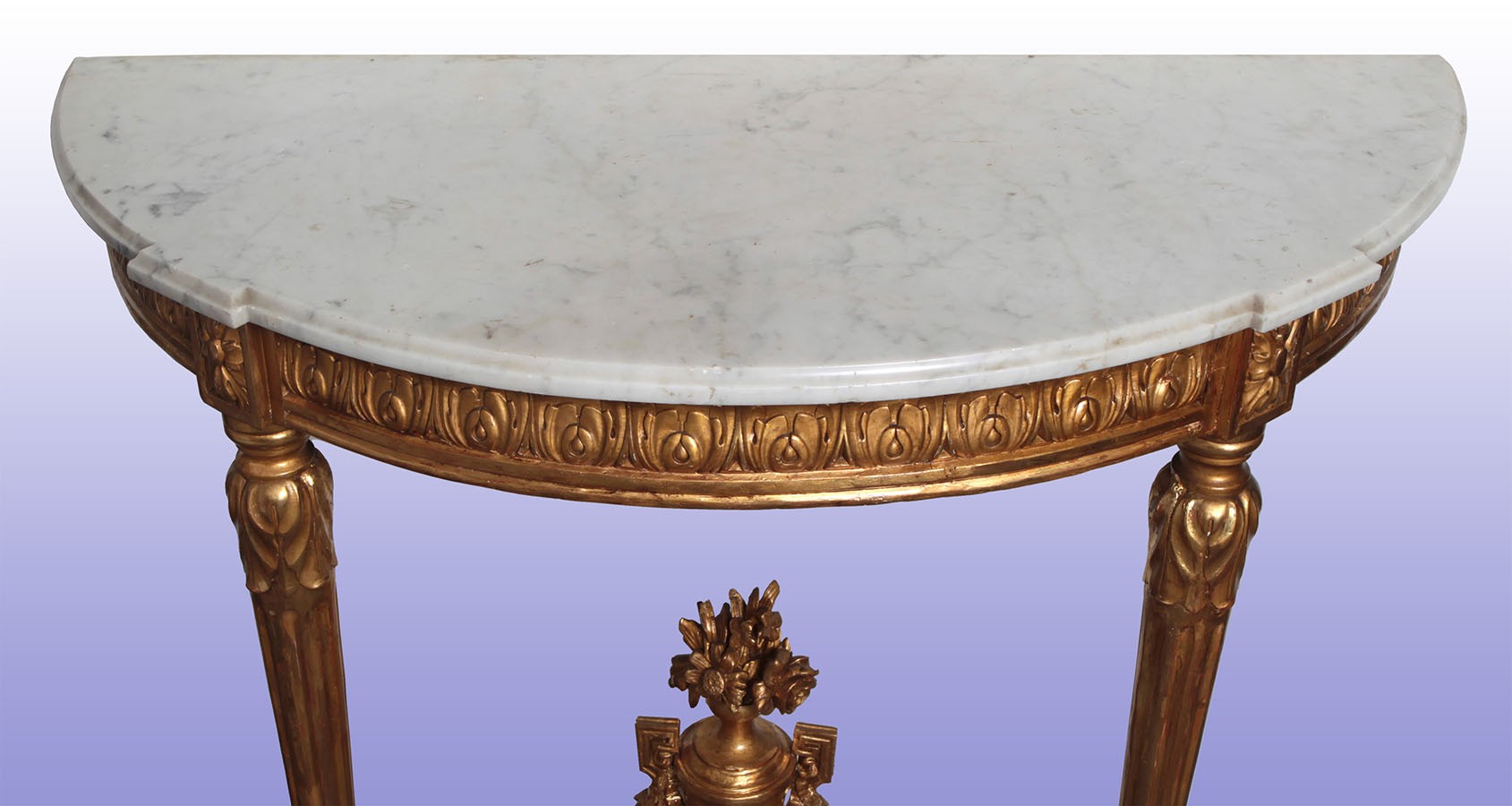 Antica consolle francese del 1800 a mezzaluna in legno dorato e marmo