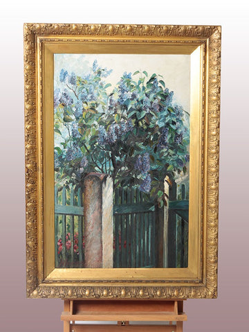 Antique oil on canvas from the early 1900s depicting a garden with trees