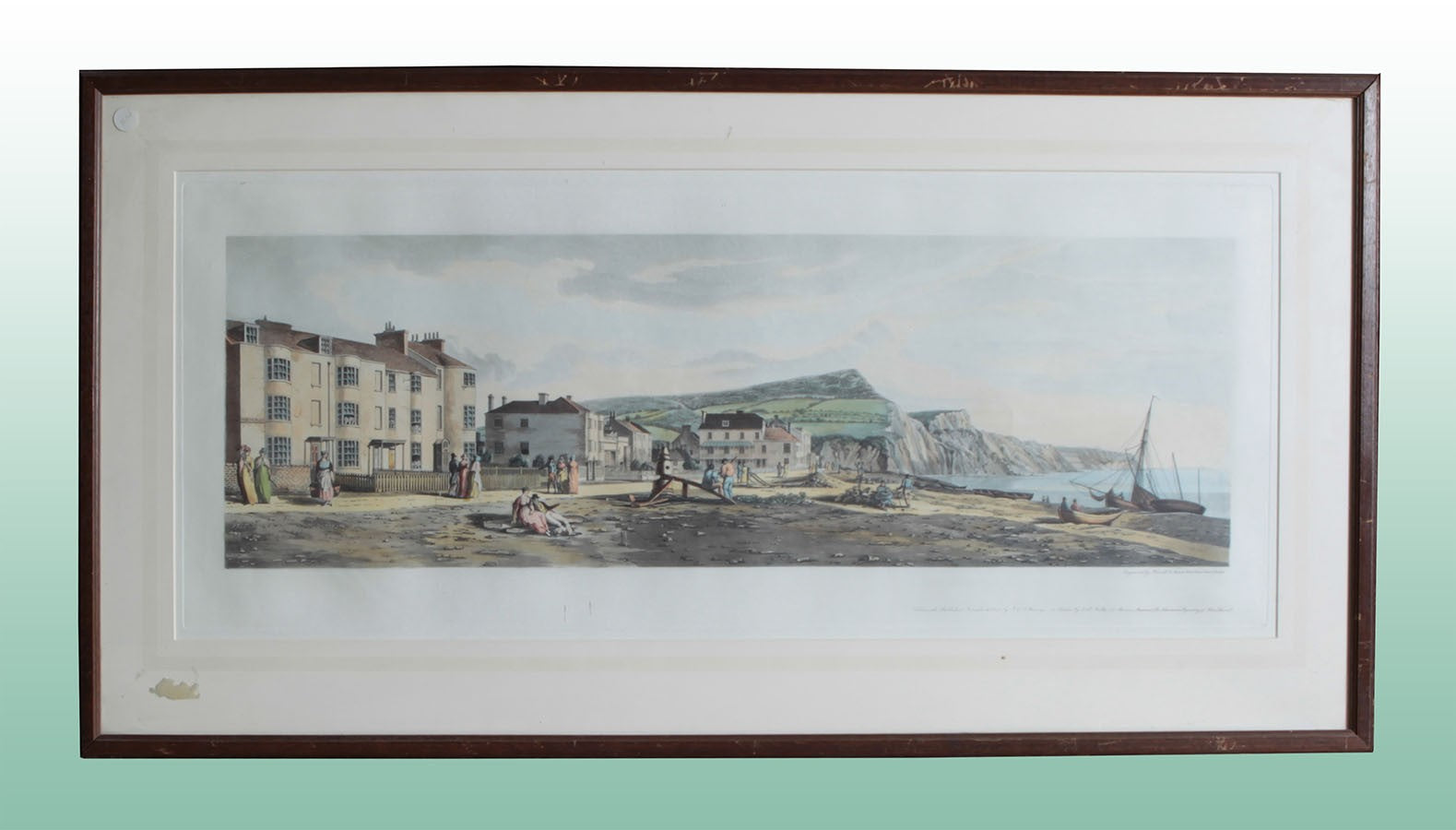Antique English color Engraving from 1900 depicting a seaside town