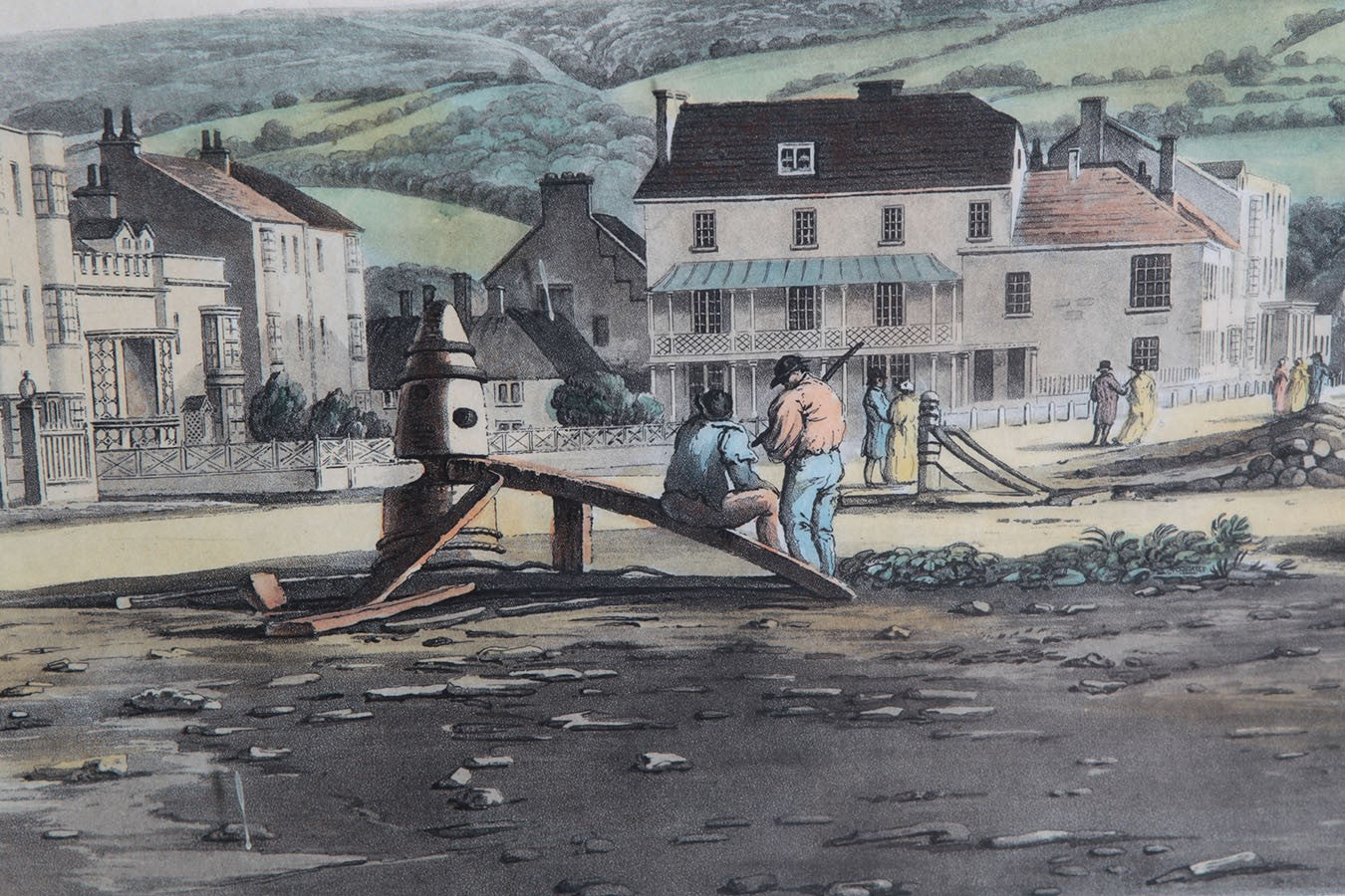 Antica stampa colori inglese del 1900 raffigurante cittadina sul mare