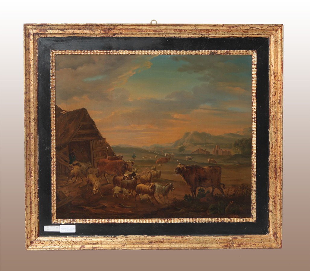Antique Dutch oil painting from 1700 depicting grazing animals