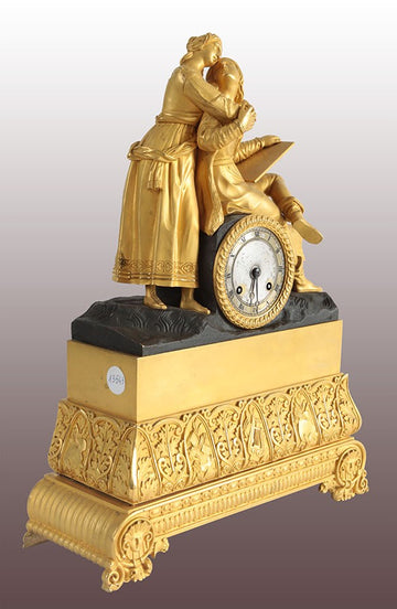 Antique French Parisian mantel clock from 1800, couple scene mercury-gilt bronze