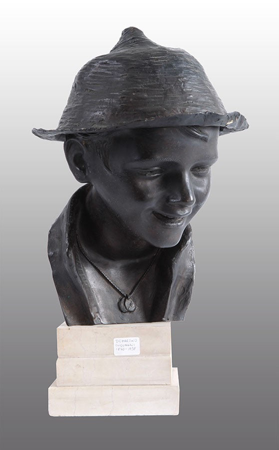 Antica scultura italiana in bronzo a cera persa con base in marmo