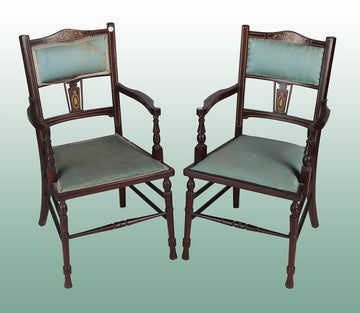 Paire de fauteuils anglais anciens du 19ème siècle en acajou et marqueterie