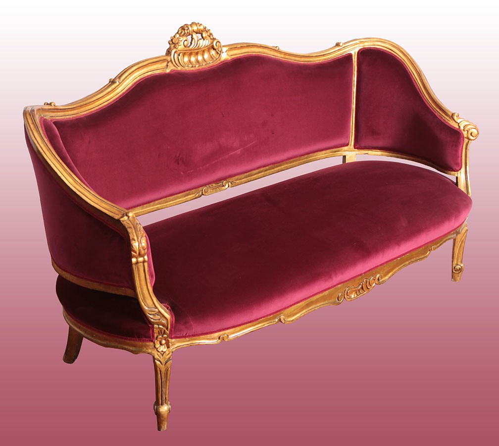 Antico salotto divano e poltrone francese del 1800 in legno dorato