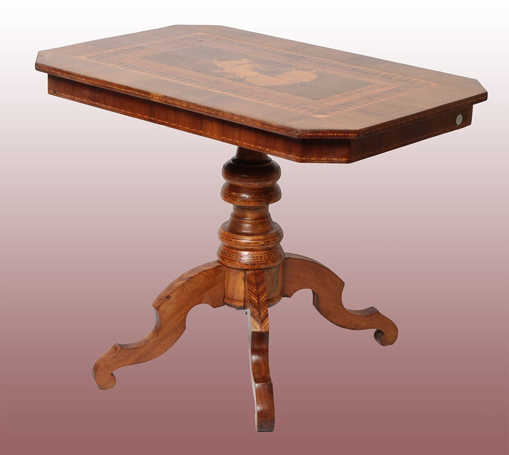 Antico tavolino a vela sorrentino, italiano, del 1800 con intarsi 