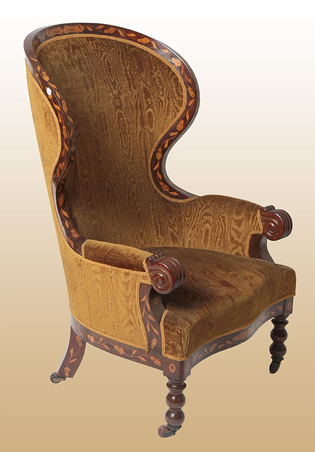 Antica poltrona in bergere del 1800 olandese in mogano con intarsi