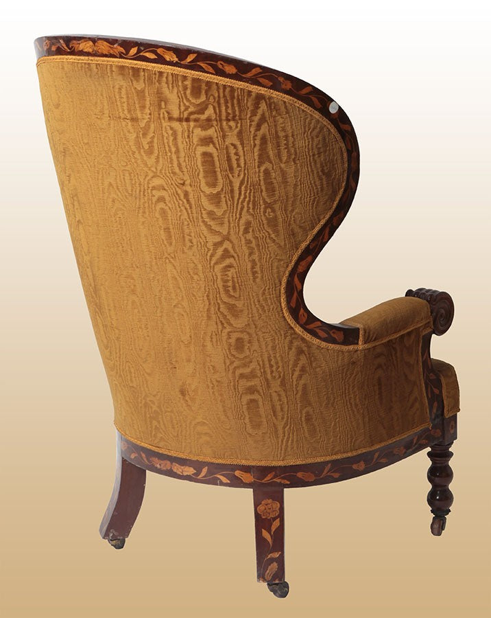 Antica poltrona in bergere del 1800 olandese in mogano con intarsi