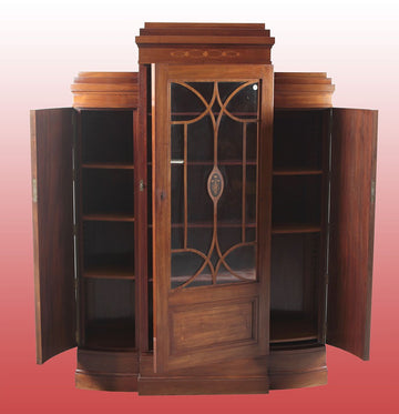 Ancient mahogany display cabinet with floral inlays in 1900s Decò style