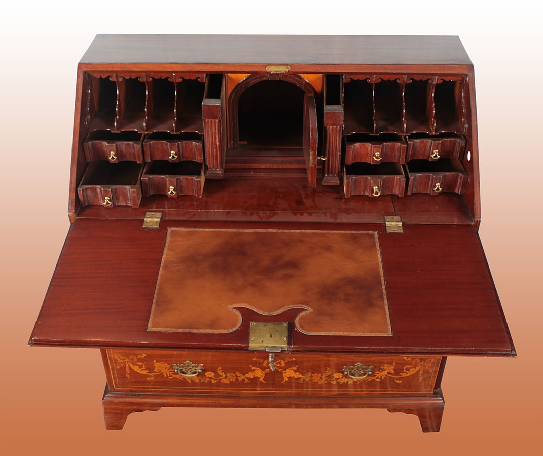 Antica ribalta regency inglese del 1800 in legno di mogano con intarsi