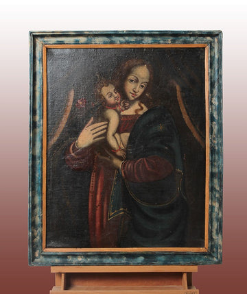 Ancient Italian oil on canvas depicting Maternity Madonna with Jesus