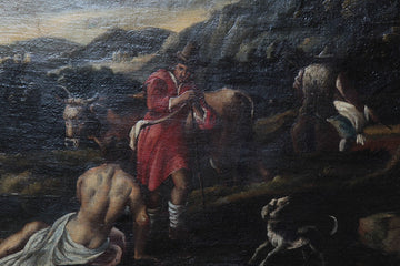 Huile sur toile italienne de 1600 Paysage bucolique avec animaux et personnages
