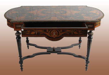 Antique French coffee table from the 1800s in ebony with inlays